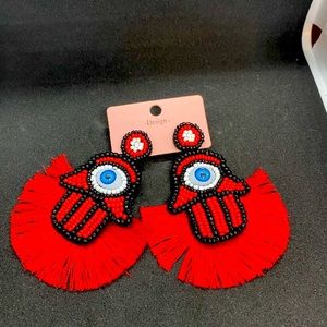 New BoHo Multi-Color Evil Eye Hand Red Beads Fringe Long Earrings.